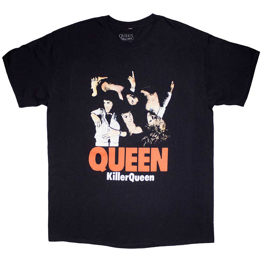 Navy blue t-shirt with “Queen” band logo and image of performers.