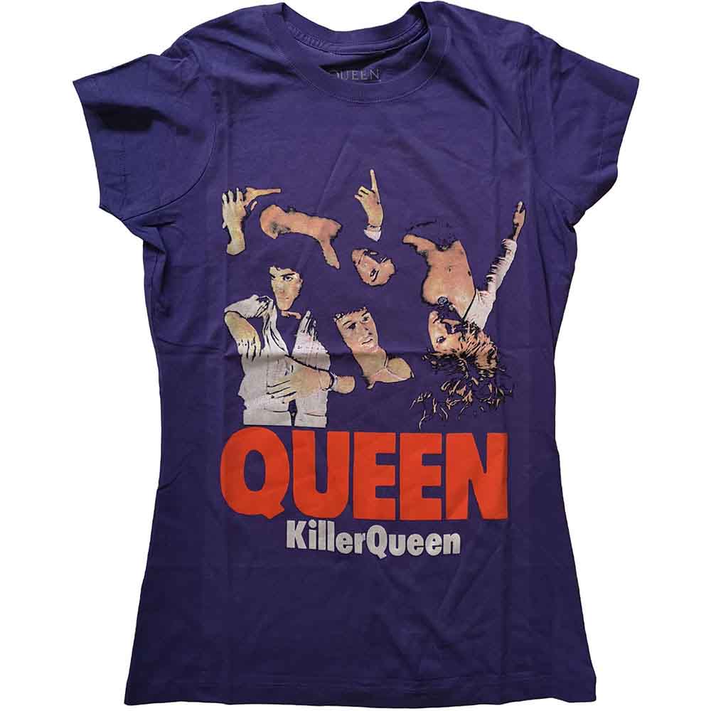 Purple women's t-shirt featuring the Queen band logo and Killer Queen graphic print.