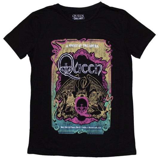Black T-shirt featuring the Queen A Night At The Opera 1976 tour graphic.