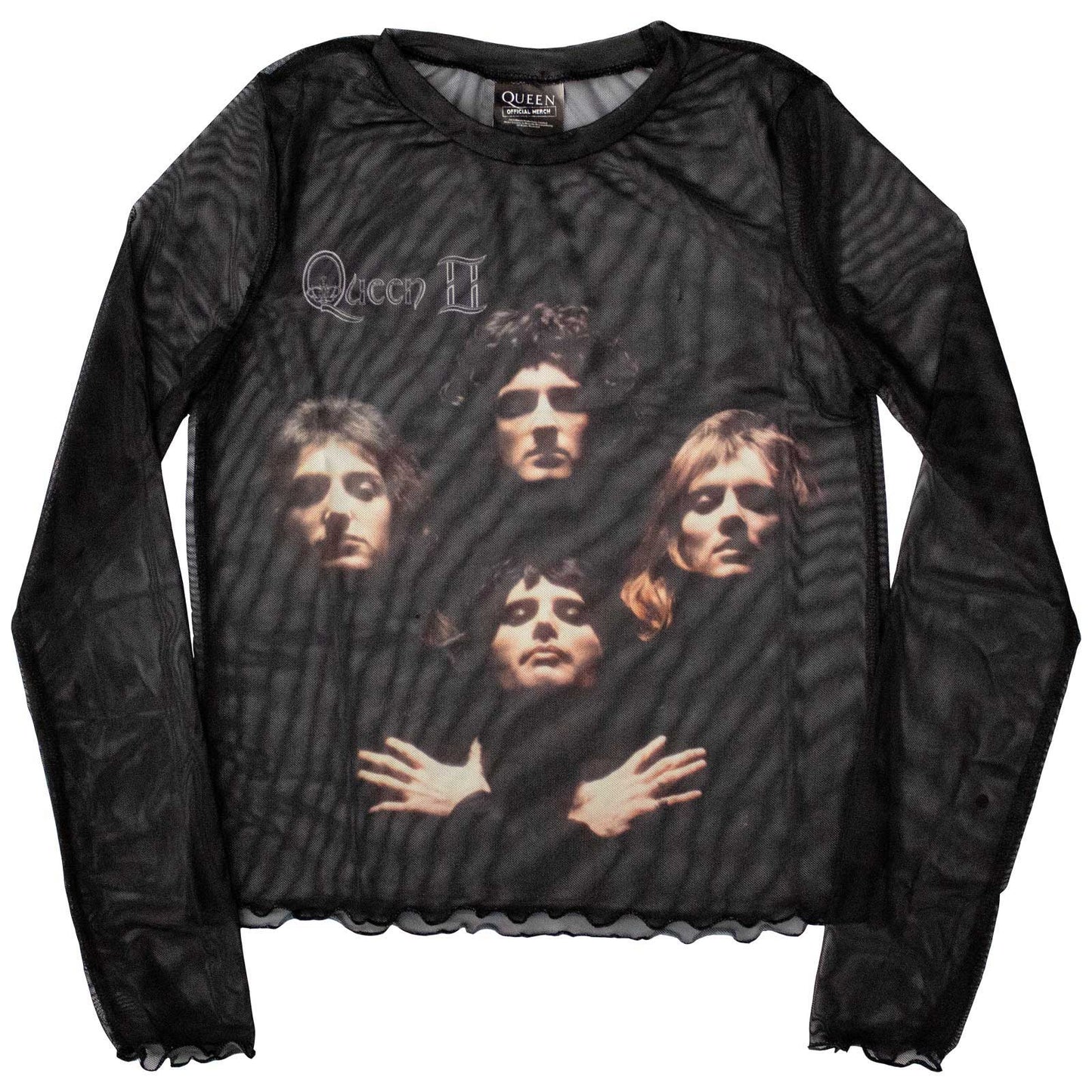 Black mesh crop top featuring a Queen “Bohemian Rhapsody” inspired design, size X-Large.