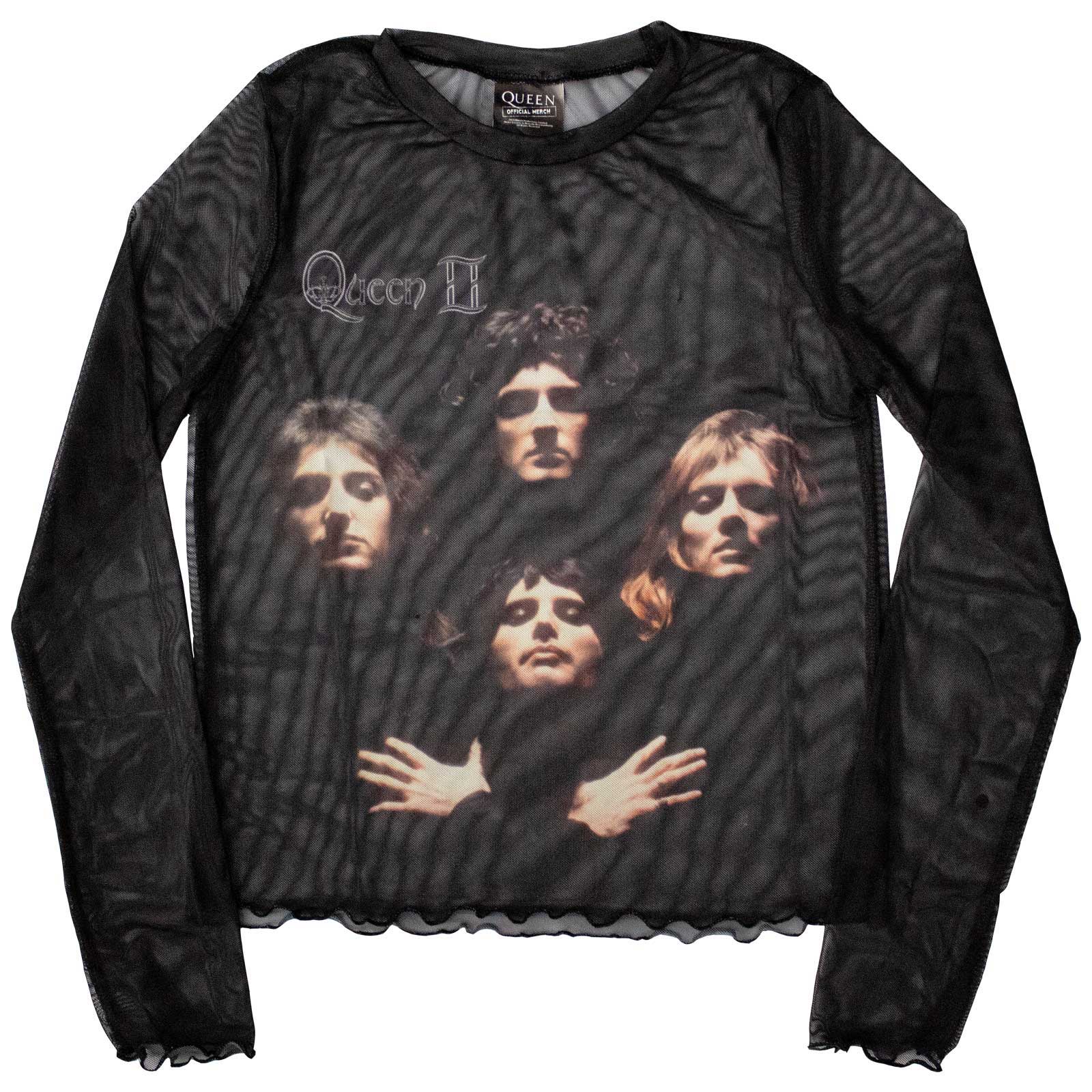 Black mesh crop top featuring a Queen “Bohemian Rhapsody” inspired design, size X-Large.
