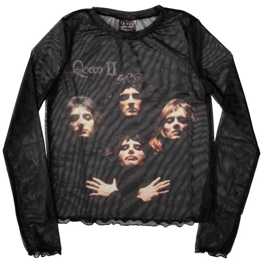 Black mesh crop top featuring a Queen “Bohemian Rhapsody” inspired design, size X-Large.