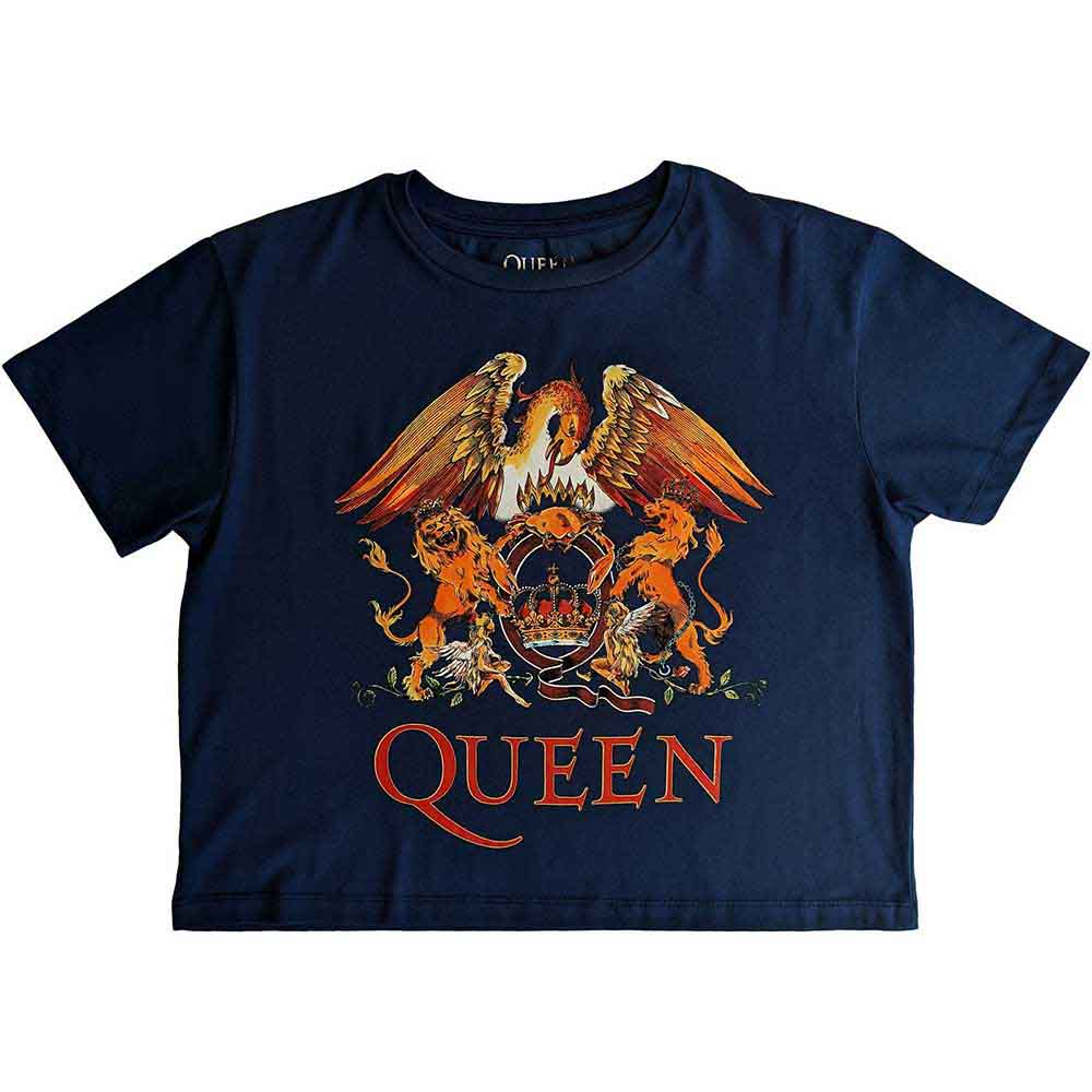 Black cropped t-shirt with a white Queen band crest design, size large.