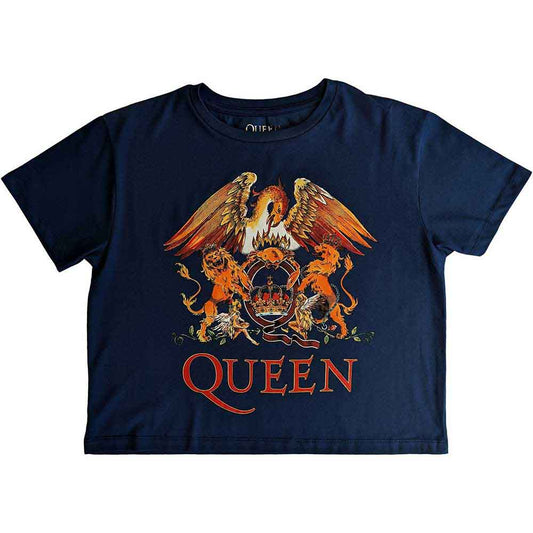 Black cropped t-shirt with a white Queen band crest design, size large.