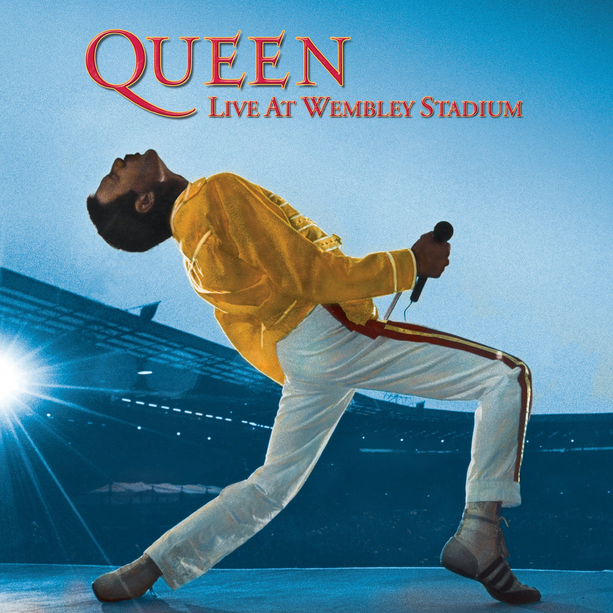 Queen’s Freddie Mercury performing live at Wembley Stadium, album cover.