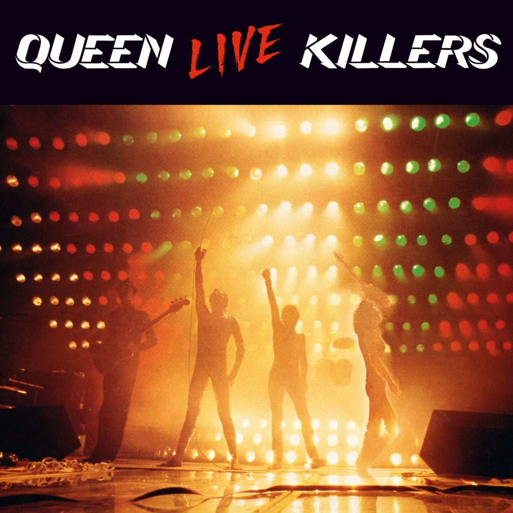 Queen’s “Live Killers” vinyl album cover with a concert stage image.
