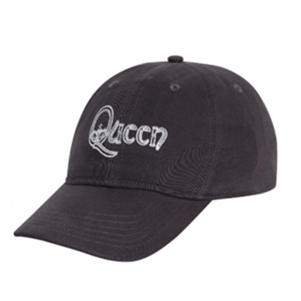 Dark gray dad cap with white "Queen" logo embroidery.