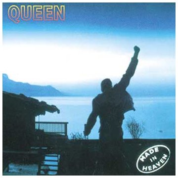 Queen’s “Made In Heaven” album cover: Freddie Mercury silhouetted with raised fist.