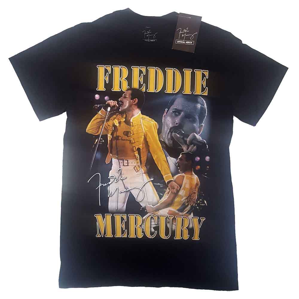 Black t-shirt with a gold-toned graphic of Freddie Mercury performing.
