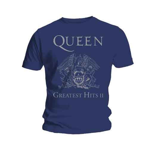 Blue t-shirt with a silver Queen “Greatest Hits II” logo design.