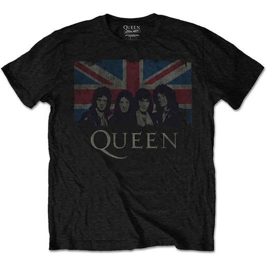 Navy blue t-shirt featuring the band Queen and a Union Jack flag graphic.