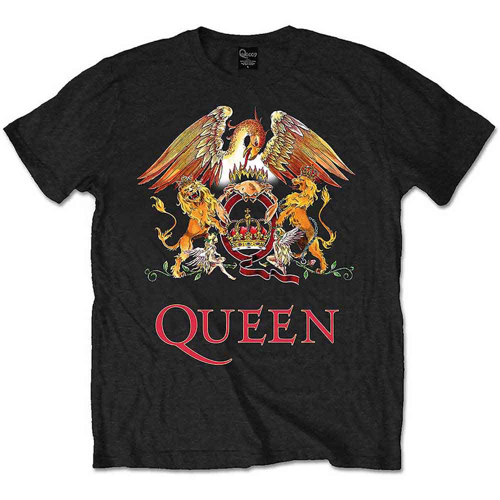 Man wearing a dark blue Queen t-shirt with a crest design.