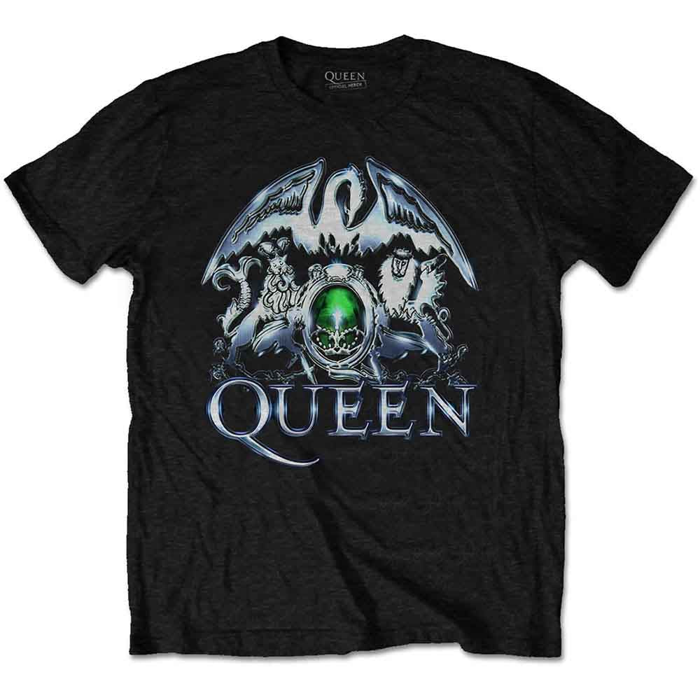 Black t-shirt featuring the metallic Queen band crest logo with a green center.