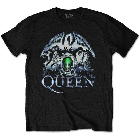 Black t-shirt featuring the metallic Queen band crest logo with a green center.