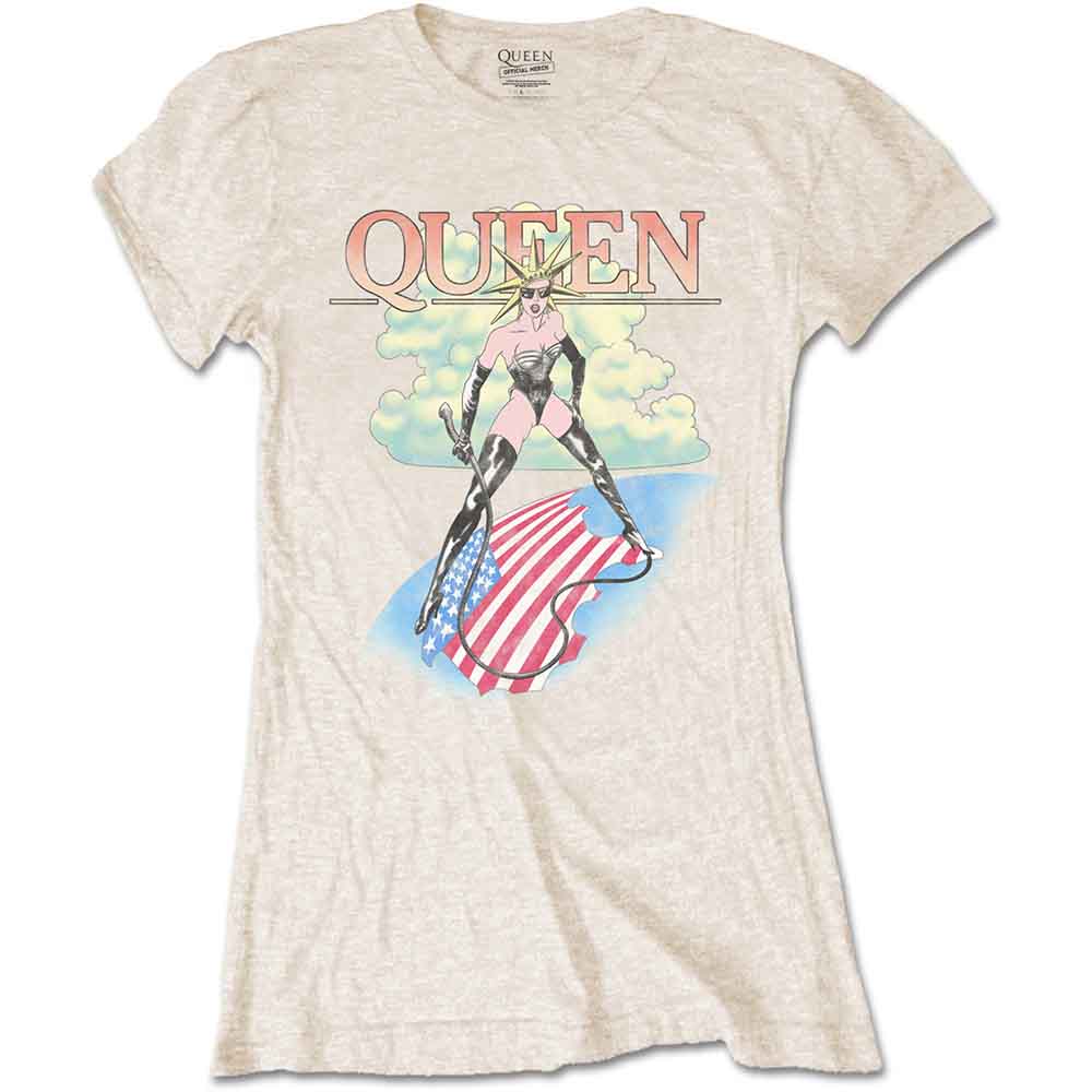 Beige women’s t-shirt with a Queen band logo and illustrated design.