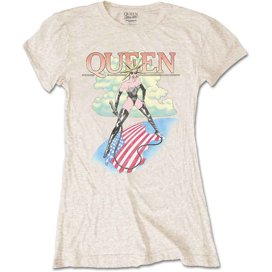Beige women’s t-shirt with a Queen band logo and illustrated design.