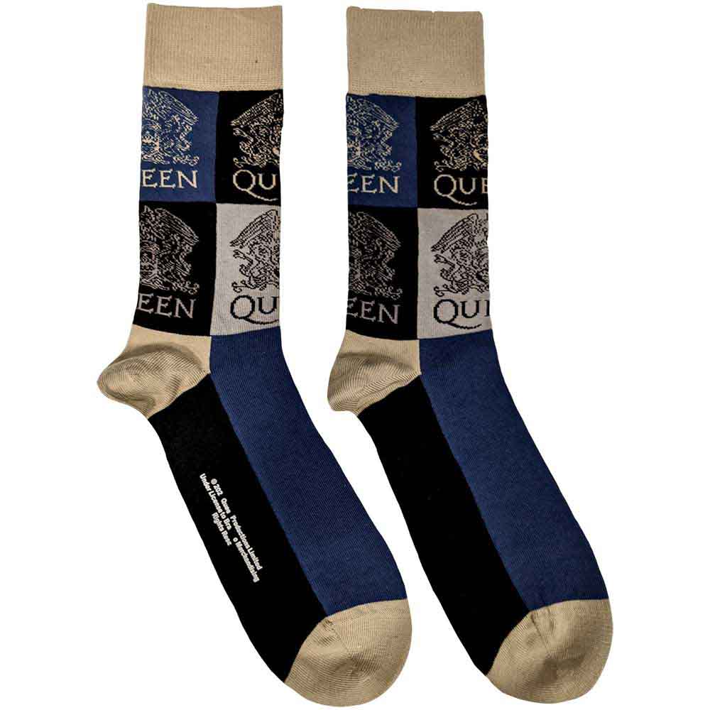 Pair of navy blue Queen socks with repeating crest design.