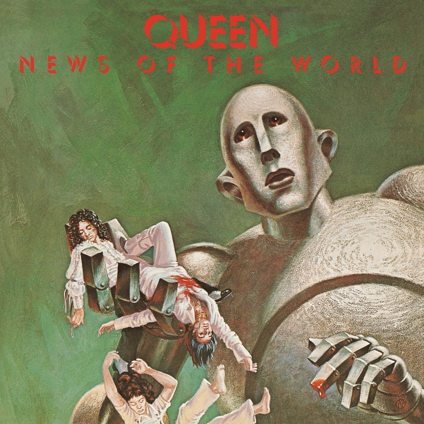 Queen's "News of the World" album cover with robot and falling figures.