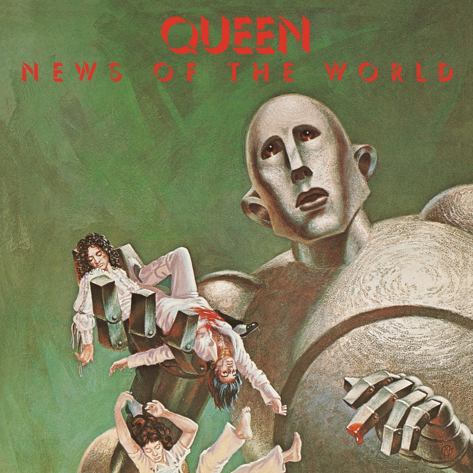 Queen's "News of the World" album cover with robot and falling figures.