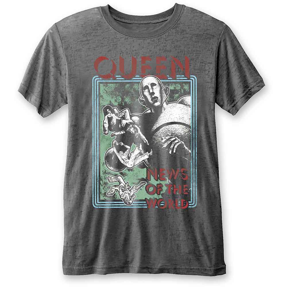 Grey t-shirt with "Queen News of The World" album artwork graphic.
