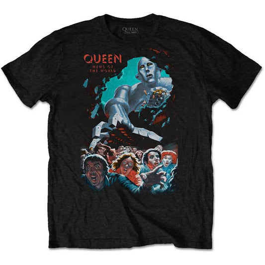 Black t-shirt with a vintage Queen "News of the World" robot graphic.