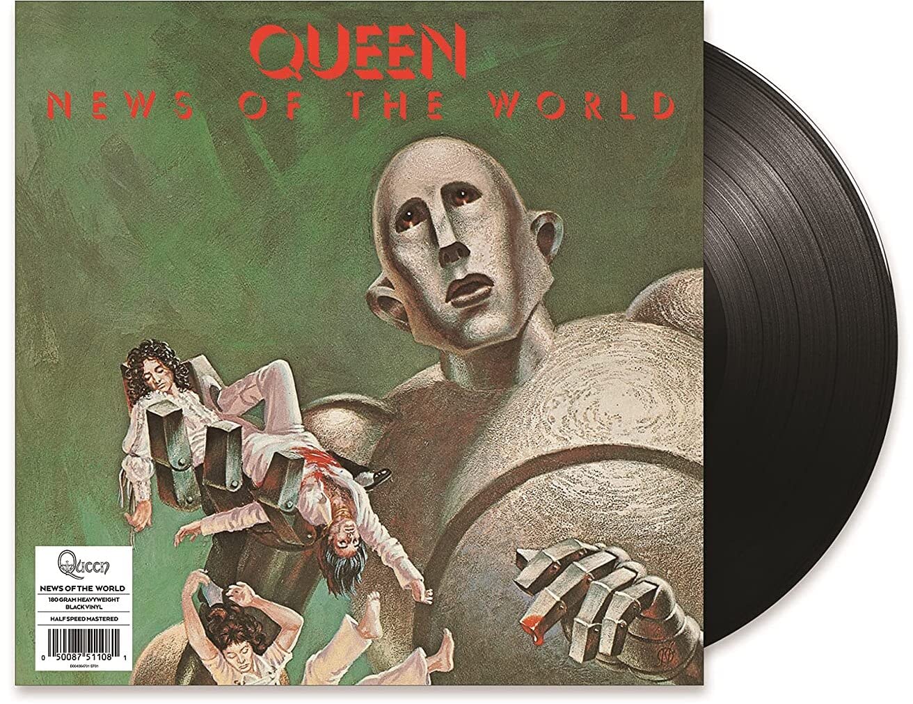 Queen News of the World vinyl record cover featuring a giant robot and disc.
