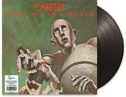 Queen News of the World vinyl record cover featuring a giant robot and disc.