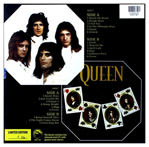 Queen album back cover featuring band members and playing cards.