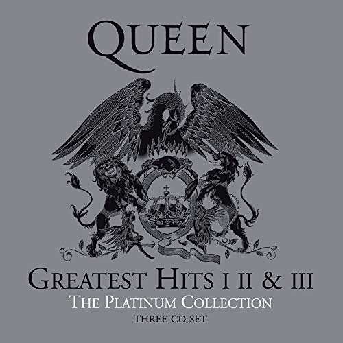 Queen’s “Greatest Hits” CD cover with a crest, lions, and eagle.