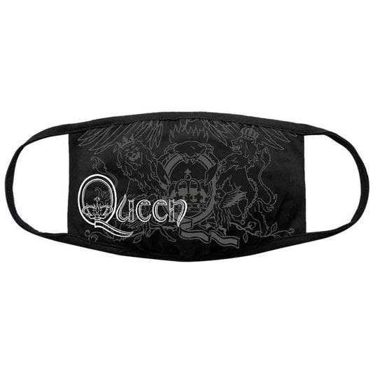 Black face covering with the Queen band logo in white.