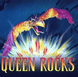A fiery bird-like creature flying above an explosion with the text QUEEN ROCKS below.