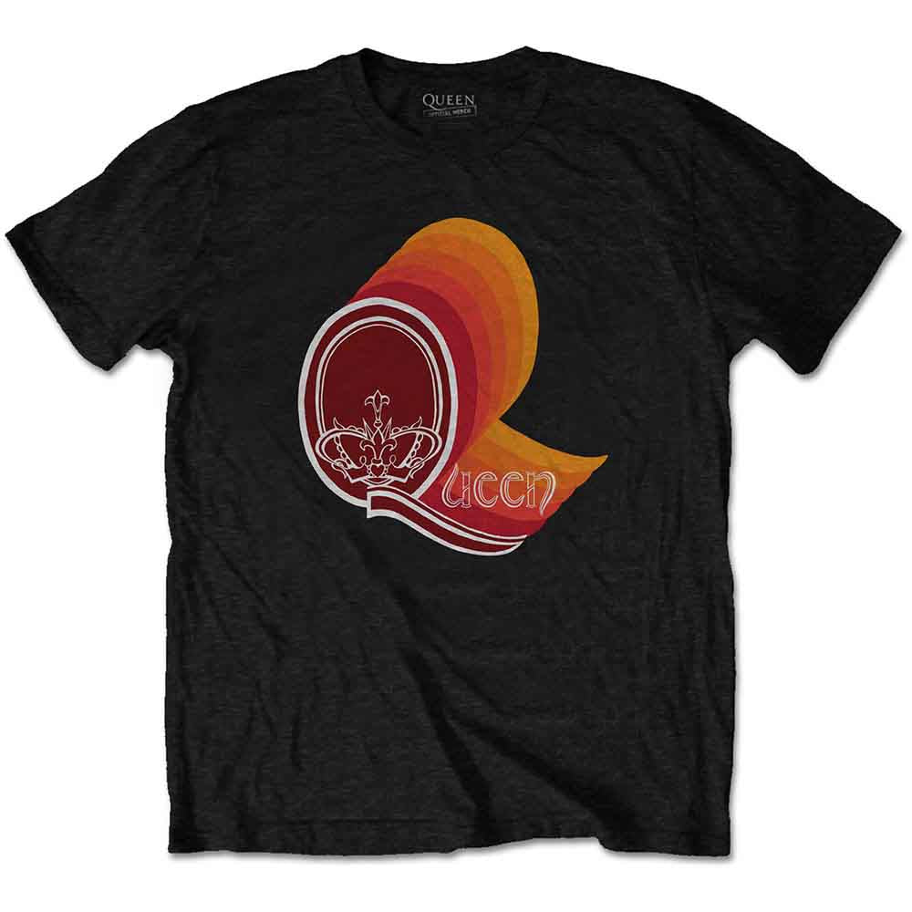 Black t-shirt with a colorful, retro Queen band logo on the chest.