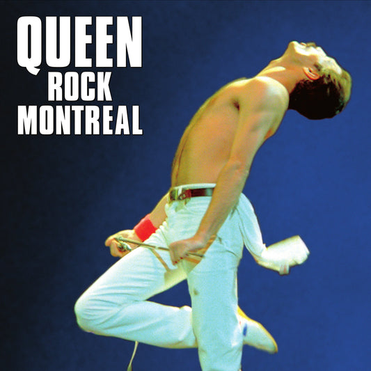 Freddie Mercury performing in white, album cover for Queen’s Rock Montreal.