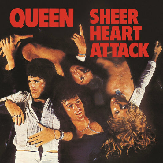 Queen’s “Sheer Heart Attack” album cover featuring the band in a dramatic pose.
