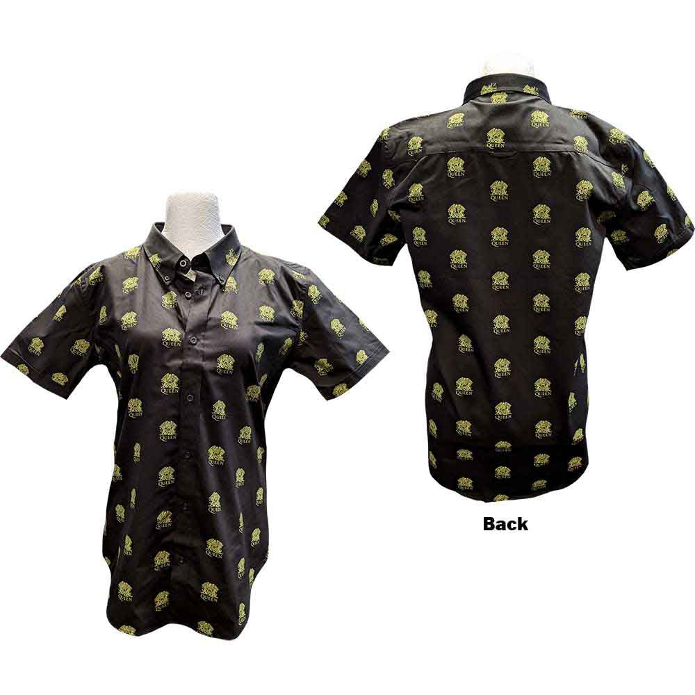 Black men's short-sleeve button-down shirt with repeating Queen crest pattern.