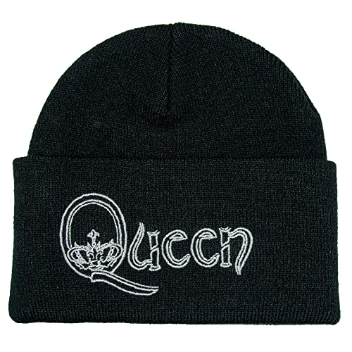 Black beanie with silver embroidered "Queen" logo and crown design.