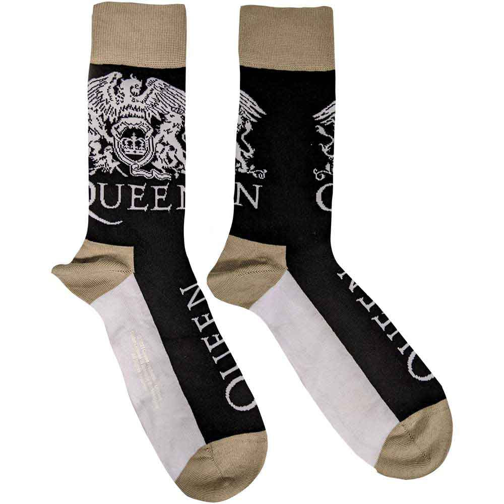 Black crew sock with white Queen logo and gold accents.