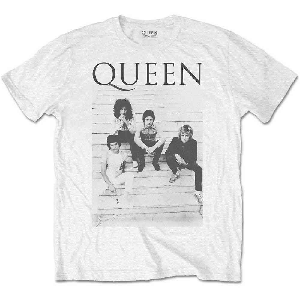 White t-shirt with black and white photo of band Queen on stairs.