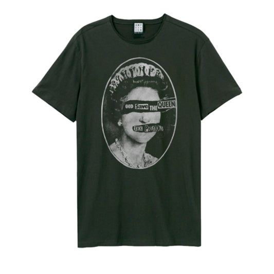 Dark green t-shirt with a distressed black and white image of Queen Elizabeth II.