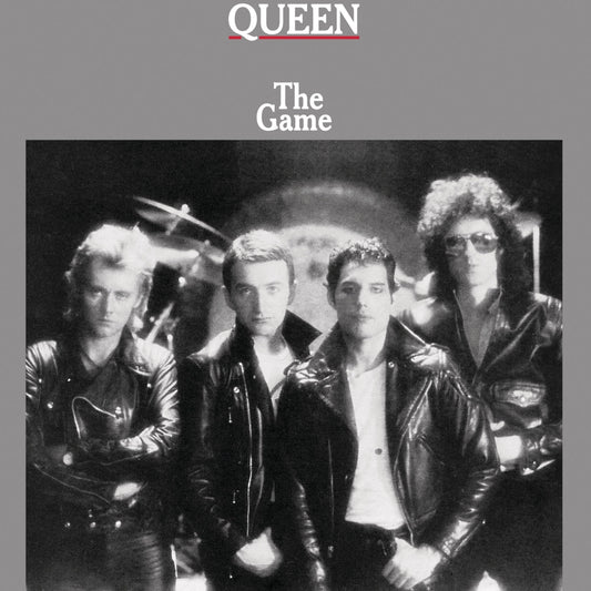Queen band photo on “The Game” CD cover, black and white.