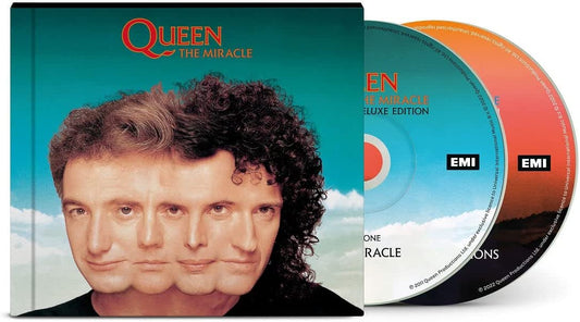 "Queen - The Miracle Deluxe Edition CD case and two discs, blue to orange gradient."