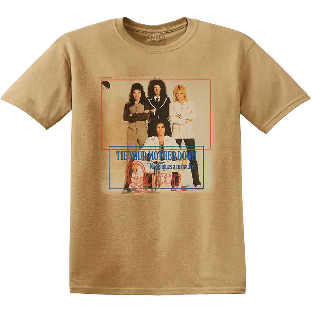 Beige t-shirt with Queen band logo and band members image.