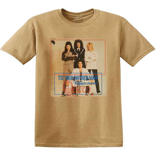 Beige t-shirt with Queen band logo and band members image.