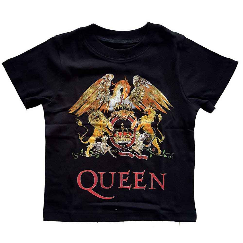 Black toddler t-shirt with Queen’s crest logo in gold and red.