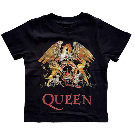 Black toddler t-shirt with Queen’s crest logo in gold and red.