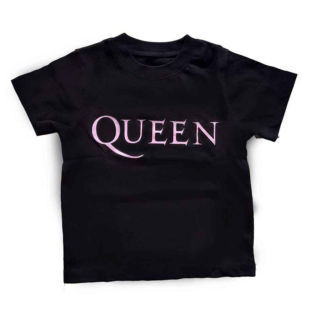 Black toddler t-shirt with pink “QUEEN” logo printed on the front.