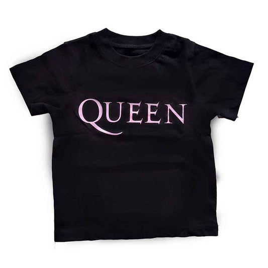 Black toddler t-shirt with pink “QUEEN” logo printed on the front.