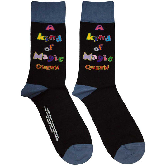 Black ankle socks featuring the Queen band logo and A Kind of Magic text.