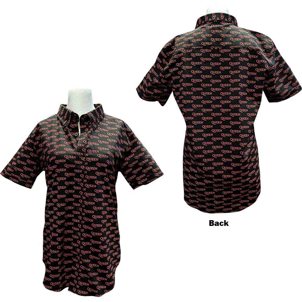 Short-sleeved black button-down shirt with a red all-over "Queen" logo pattern.