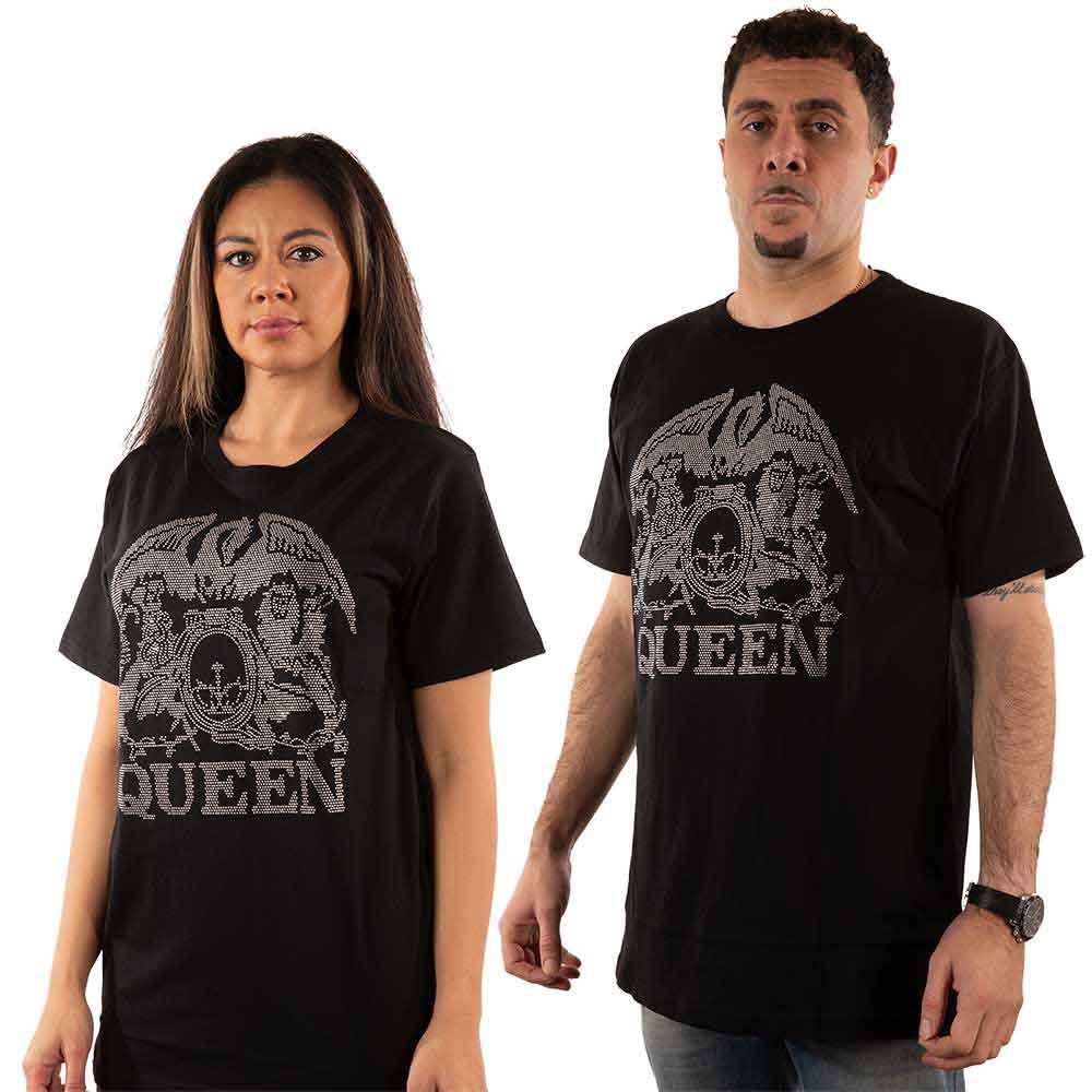 Black t-shirt with a sparkly, crest-shaped Queen band logo on the chest.